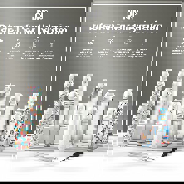 Various ION8 water bottles, in different sizes and designs, are displayed on a white surface; a marketing image.