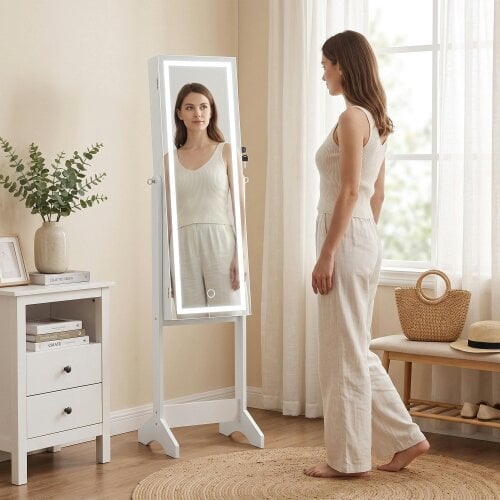 HOMCOM Mirror Jewelry Cabinet with LED Light, Mirror with Storage, White