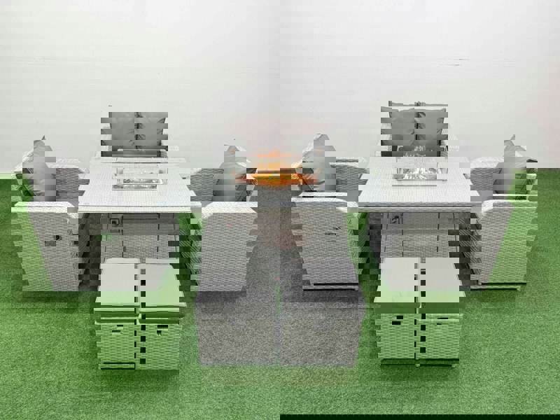 Fimous Light Grey PE Wicker Rattan Garden Furniture Set Sofa Set Reclining Chair Fire Pit Dining Table 6 Seater 2 Small Stools