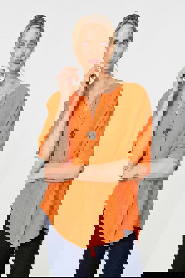 Orange | Button Detail 1/2 Sleeve V-Neck Blouse
