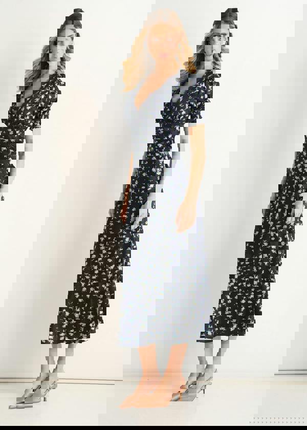 Gini London Navy Floral Lace Trim V Neck Midi Dress