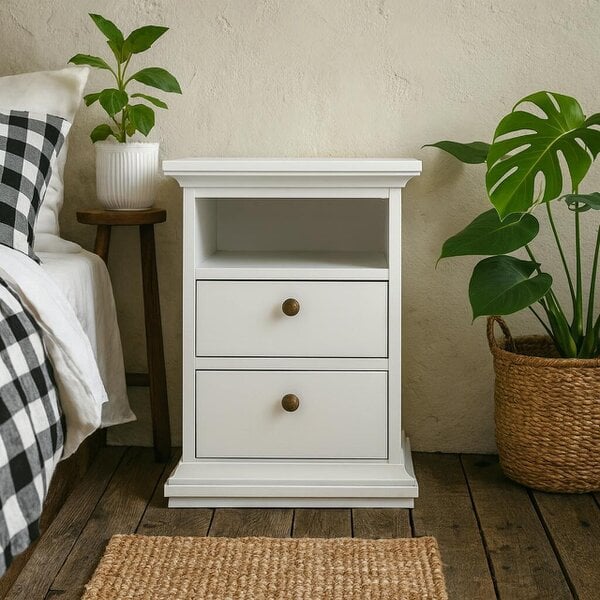 Wyld Haus Osaka Farmhouse White Wooden Bedside Table 2 Drawers 1 Open Shelf