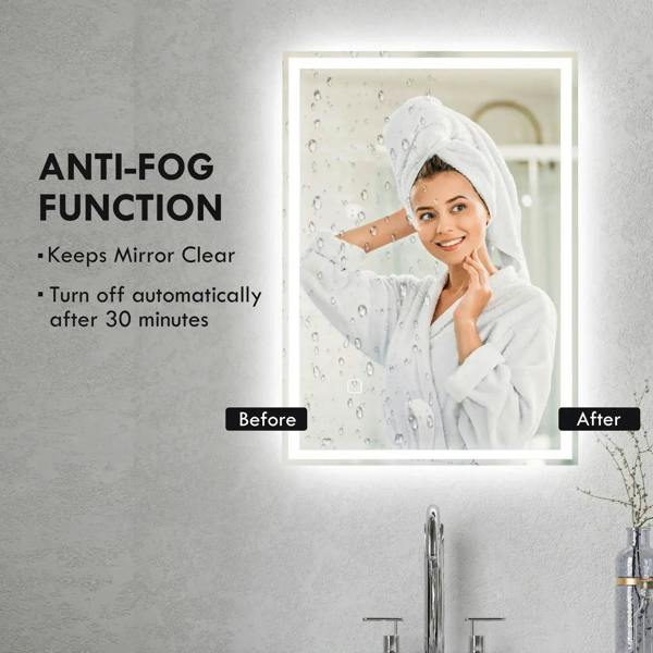 Anti-fog LED bathroom mirror with clear view effect in a bathroom setting