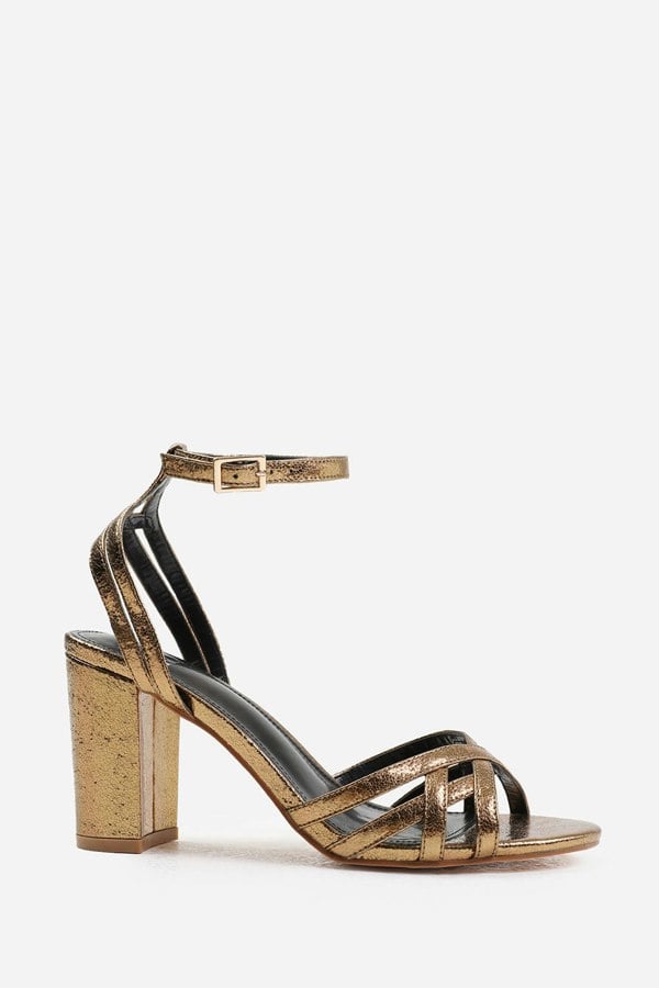 Where's That From Kyleigh Mid Block Heel With Cross Over Strap Detailing in Gold Crinkle Faux Leather