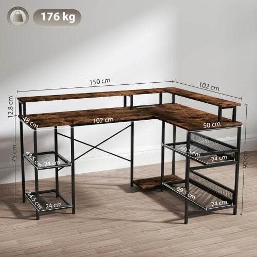 Wyld Haus Mosovi Brown L Shaped Desk With Built In LED Lighting And Shelves