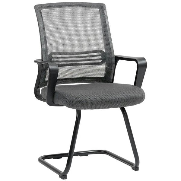 Padded Meeting Office Chair, Ergonomic Desk Chair No Wheels with Sled Base for Bedroom, Waiting, Reception, Dark Grey