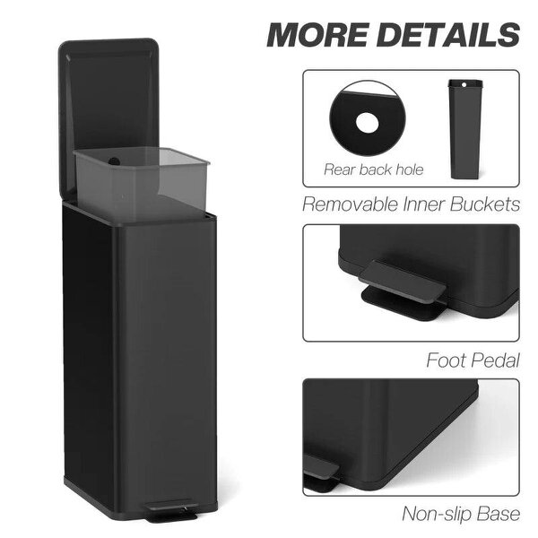 20L Kitchen Pedal Bin, Slim Stainless Steel Rubbish Bin with Removable Inner Bucket, Soft-Close and Stay-Open Lid, Black