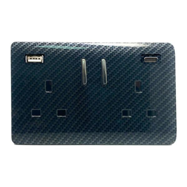 Trendi Switch 2 Gang USB 3100mA Type A & C USB Plug Socket in Carbon Fibre