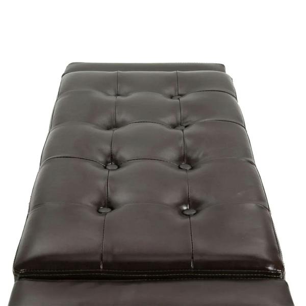 Button-tufted PU leather ottoman lid in dark brown with curved seams and cushioned top