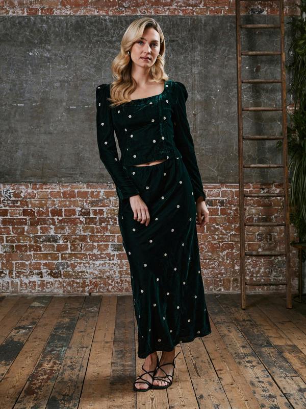 Rose & Nancy Mila Green Velvet Embroidered Skirt