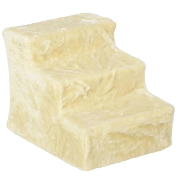 Beige three-step pet stairs with plush washable cover for small dogs and cats