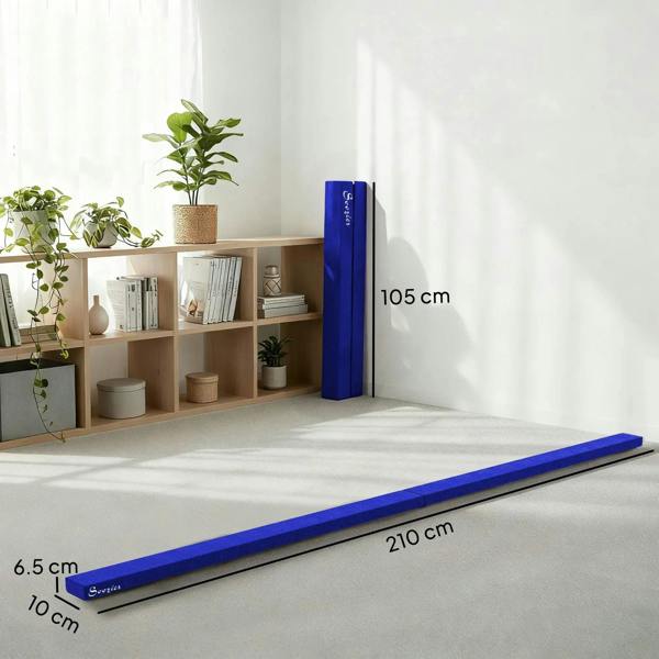 Blue folding gymnastics balance beam mat shown on floor with height markers