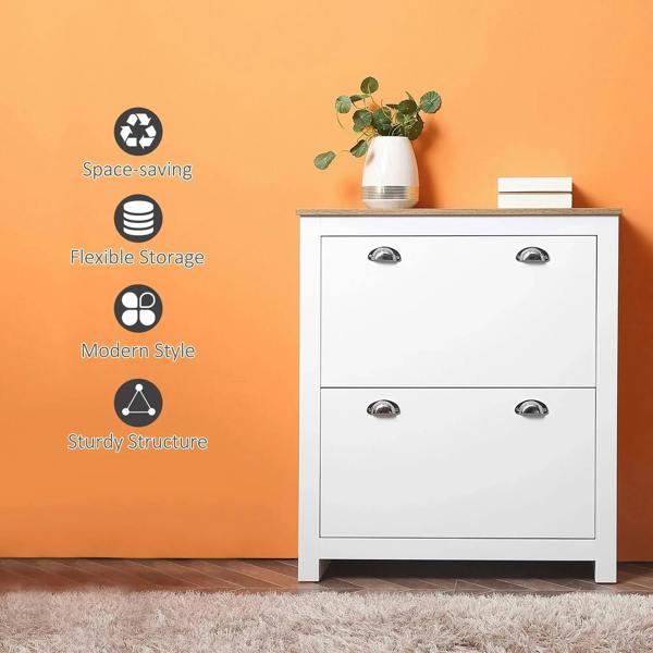 White shoe cabinet with wood top, two drawers, and silver curved handles