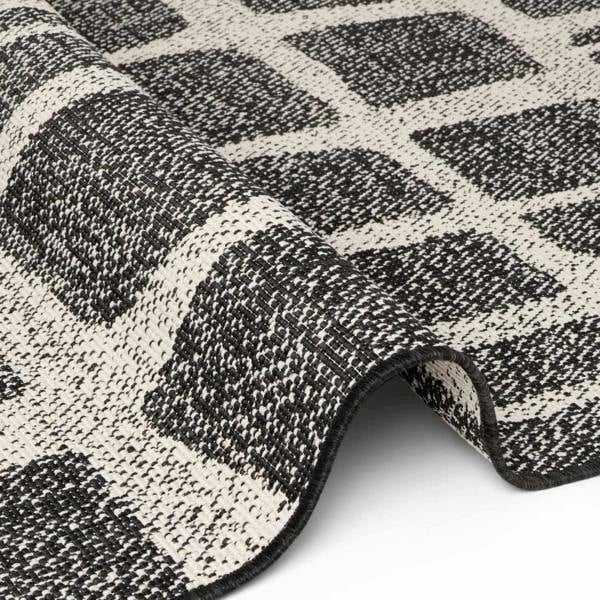 Close-up of a black and white patterned rug on a white background