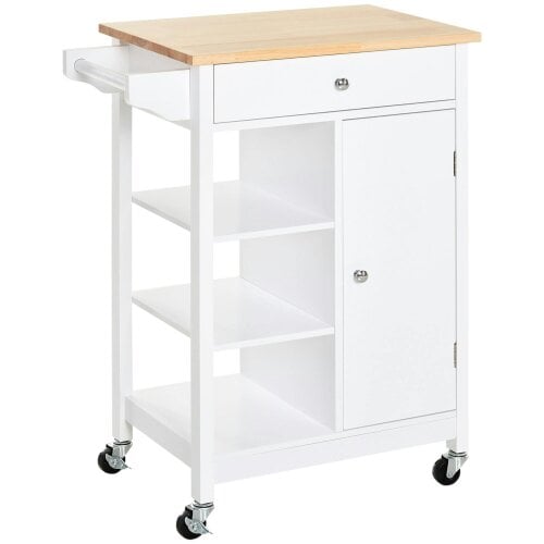 Wyld Haus Yota Wooden White Kitchen Island On Wheels With Wood Top Shelves And Storage Cupboard