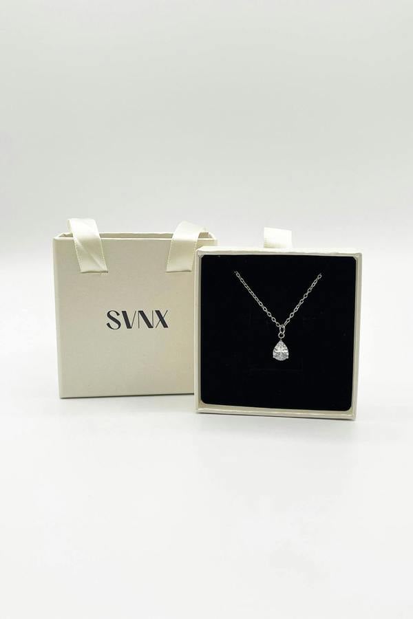 SVNX Rhinestone Teardrop Pendant Necklace in Silver - Gift Boxed
