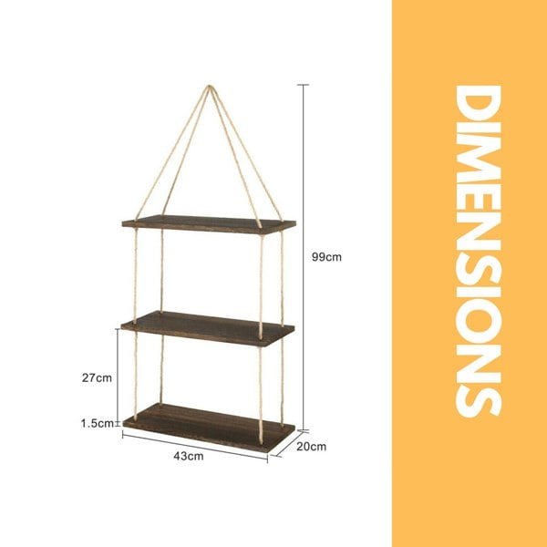 Rafaelo Mobilia 3 Tier Wooden Hanging Shelves With Rope Detail