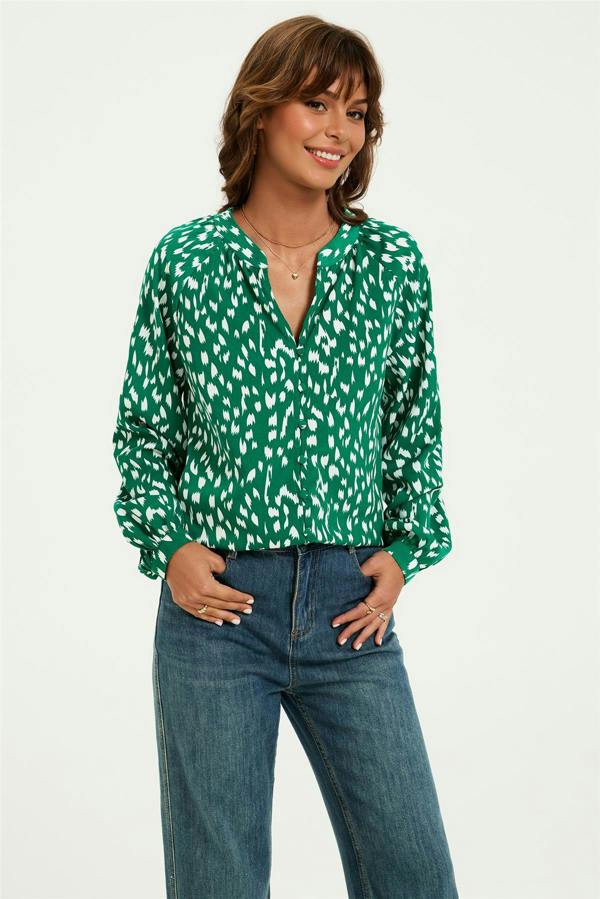 FS Collection Brushstroke Print long sleeve Blouse Top In Green