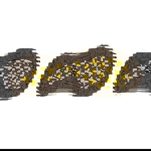 Stanley Alberta Mens Steel Toe/Midsole Safety Work Boots, view of the rugged shoe sole with yellow tread highlights and Stanley logo in the center.