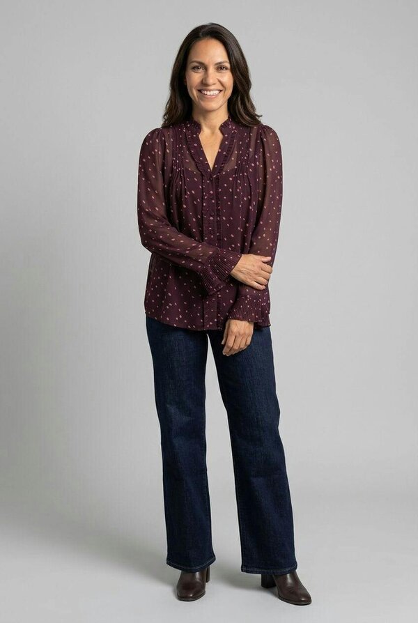 Izabel London Polka Dot Print Semi Sheer V-Neck Blouse - Purple
