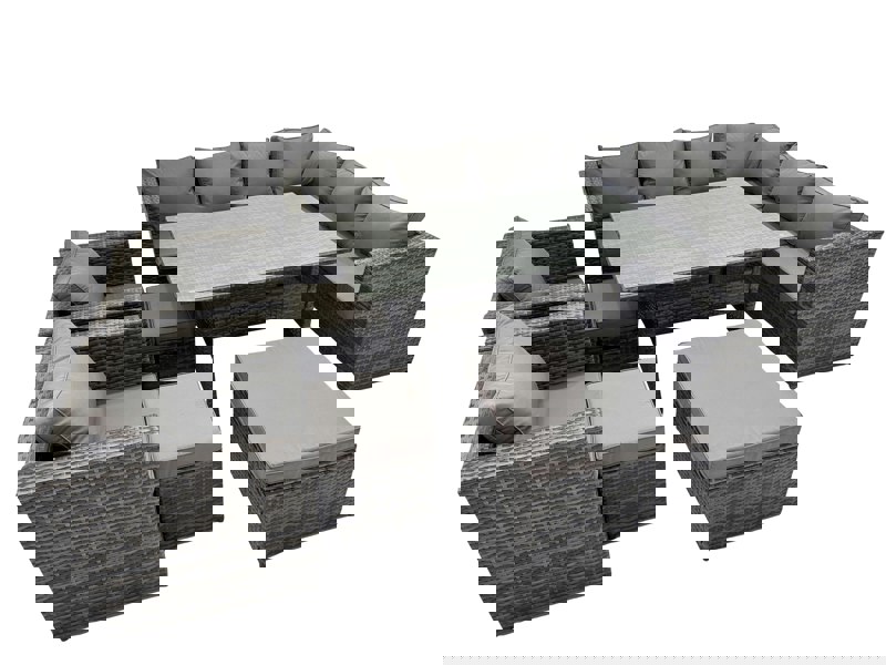 Fimous Rattan Garden Furniture Set Outdoor 11 Seater Patio Dining Corner Sofa Sets with Dining Table 2 Chairs 3 Stools Dark Grey Mixed