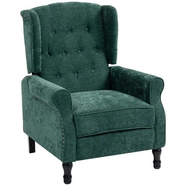 Dark green reclining vintage armchair with footrest, tufted back, nail trim, turned legs