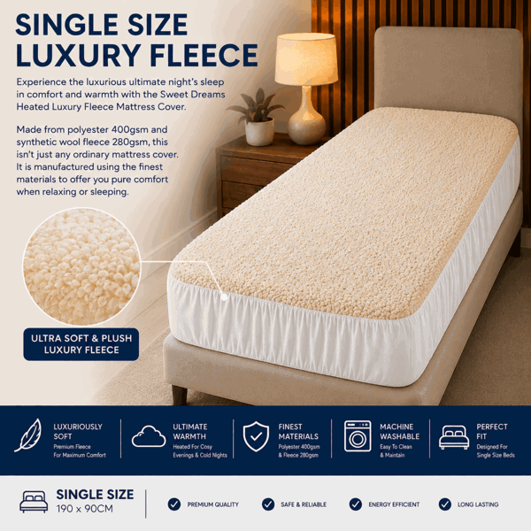 Sweet Dreams Single Size Electric Heated Blanket Mattress Soft Fleece Throw 9 Heat And 9 Timer Settings Dual Controller Washable