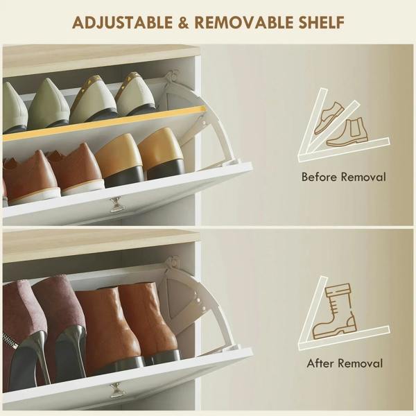 White shoe cabinet showing adjustable, removable inner shelf for flexible storage