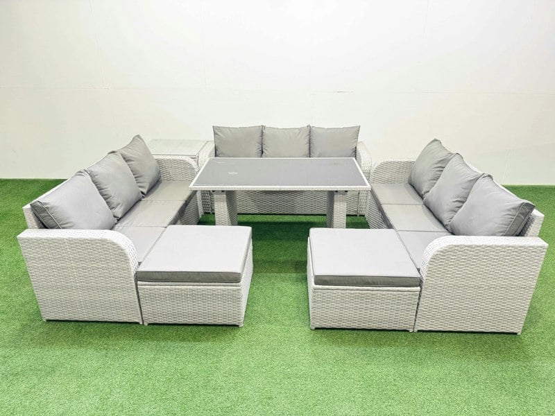 Fimous Patio Garden Furniture Sets with Black Glass Top Dining Table 3 Seater Sofa Side Table 2 Big Stool Light Grey