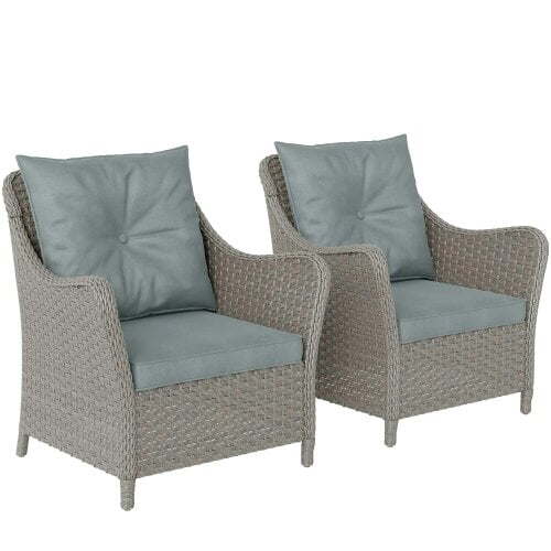 Bobobiy Rattan Garden Chairs Set of 2, Outdoor Rattan Chairs with Cushions, PE Wicker Garden Armchair with Steel Frame, Light Grey