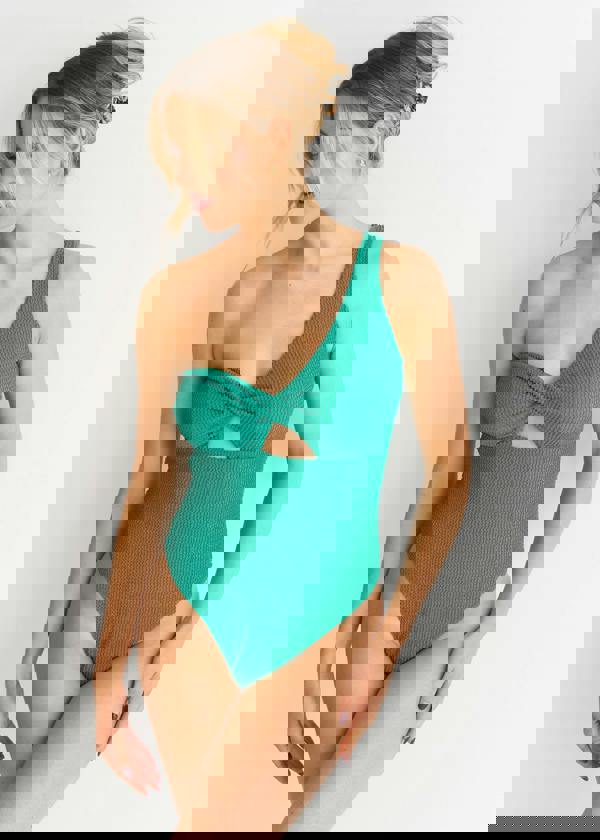 Gini London Green Textured Twist Front One Shoulder Swimsuit