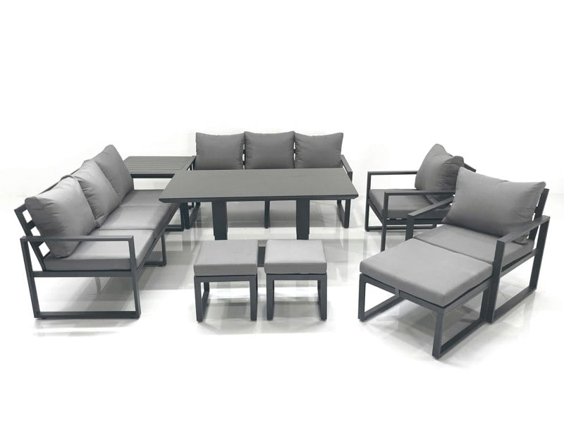 Fimous Garden Sofa Set Aluminium Furniture Rising Dining Tabe Set with 2 Chair 3 Footstools Side Table Dark Grey