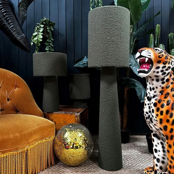 Love Frankie Statement Thyme Green Boucle Portable Lamps. 3 sizes available with flex cable or rechargeable bulbs. Light off