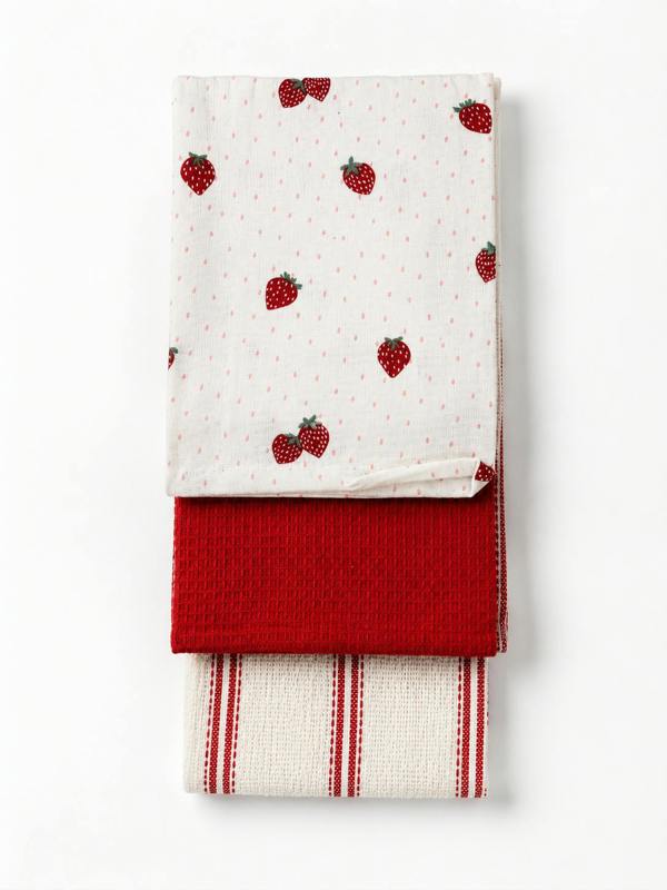 Bellissimo Home 3 Pack Strawberry Design Cotton Rich Tea Towels