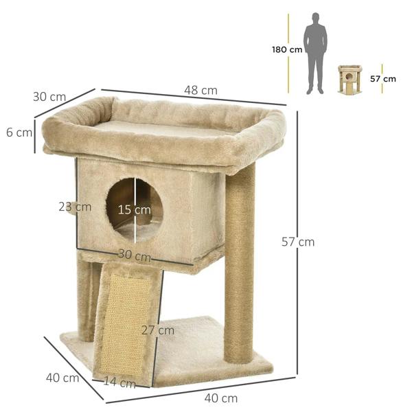 Cat tree tower dimensions view, showing top bed, cubby opening, and jute scratching surface