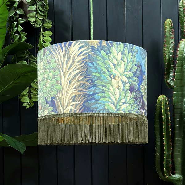 love frankie enchanted woods velvet lampshade with gold lining and olive fringing in emerald