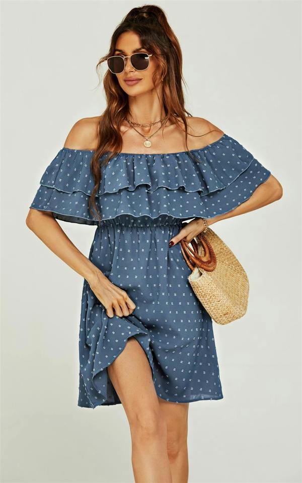 FS Collection Bardot Frill Mini Dress In Blue