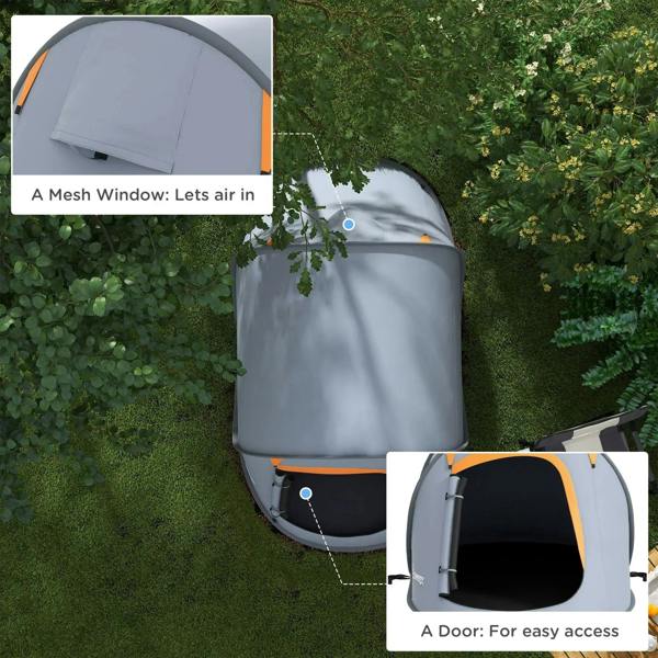 Grey pop-up dome tent with mesh window and door access opening, showing interior