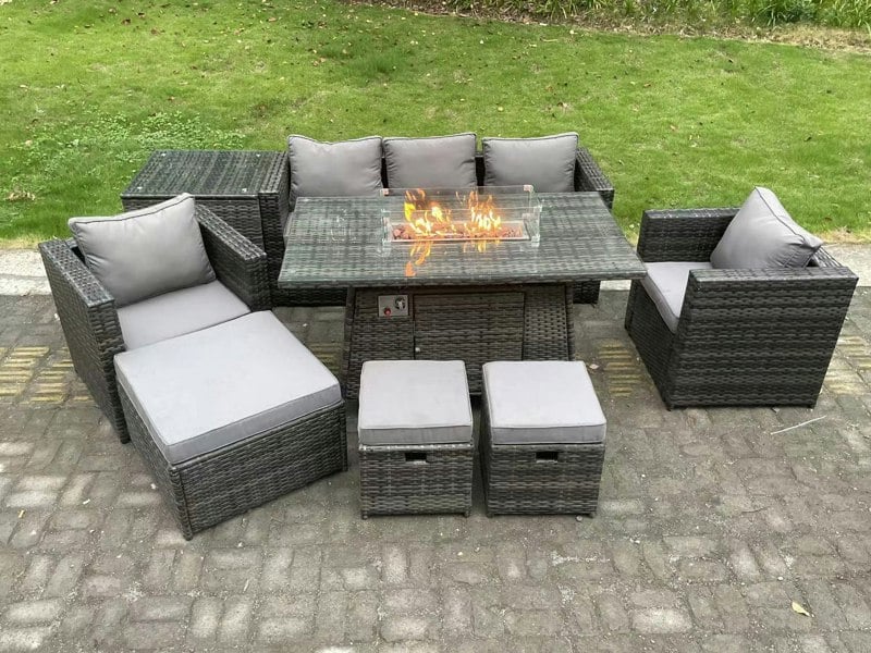 Fimous 8-Seater Wicker PE Rattan Garden Fire Pit Dining Set | Gas Heater, 2 Armchairs, Side Tables, Footstools | Dark Grey
