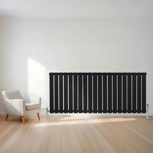 Flat black single column radiator, 600 x 1400mm, featuring vertical slats, sleek design, and modern aesthetic in a bright room setting