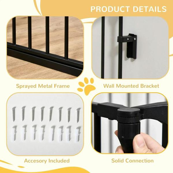 Black metal pet gate with wall-mounted bracket and accessory for secure connection