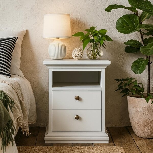 Wyld Haus Osaka Farmhouse White Wooden Bedside Table 2 Drawers 1 Open Shelf