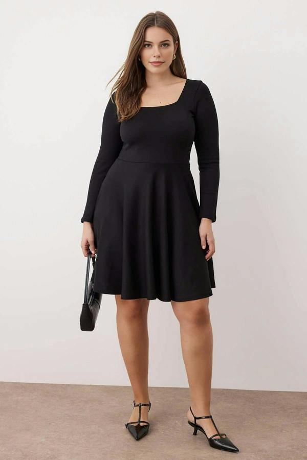 WOVCOR Square Neck Skater Mini Knitted Plus Size Dress