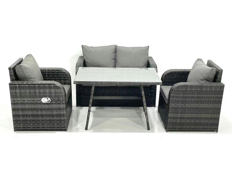 Fimous Outdoor Garden Furniture Set Rattan Sofa Dining Table Set with Reclining Chair Dark Grey Mixed