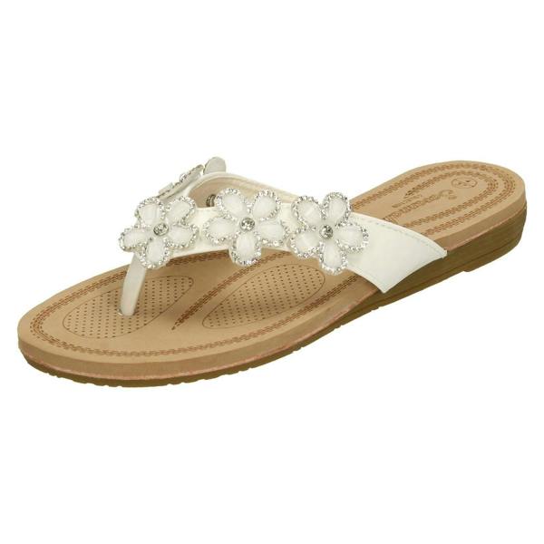 Savannah Ladies Savannah Jewelled Flower Trim Toepost Sandals