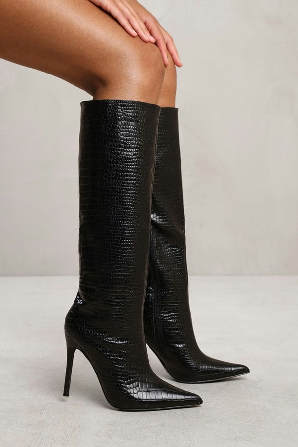 Where's That From Lilah Below Knee High Heel Croc Boot  in Black Faux Leather