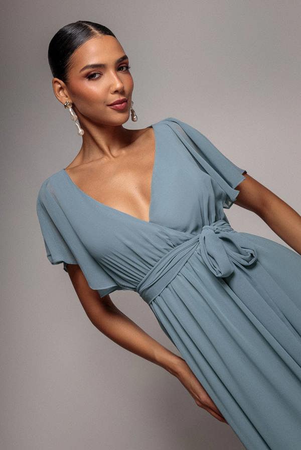 Chiffon Flutter Sleeve Wrap Maxi Dress - Dusty Blue DR2486