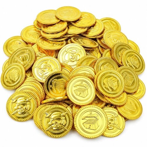 Shatchi 3.5cm Gold Pirate Coins 100 Pack Novelty Plastic Treasure Props for Party Displays