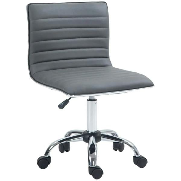 Armless task desk chair, dark grey faux leather seat, chrome base with caster wheels