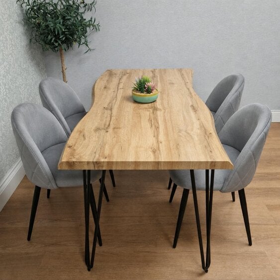 Kosy Koala Rustic Wood-Effect Wavy Dining Table Set with 4 Grey Velvet Chairs, 140X80x75cm
